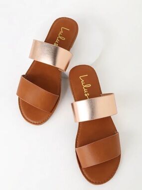 Lulu's Tan and Rose Gold Double Strap Slide Sandals